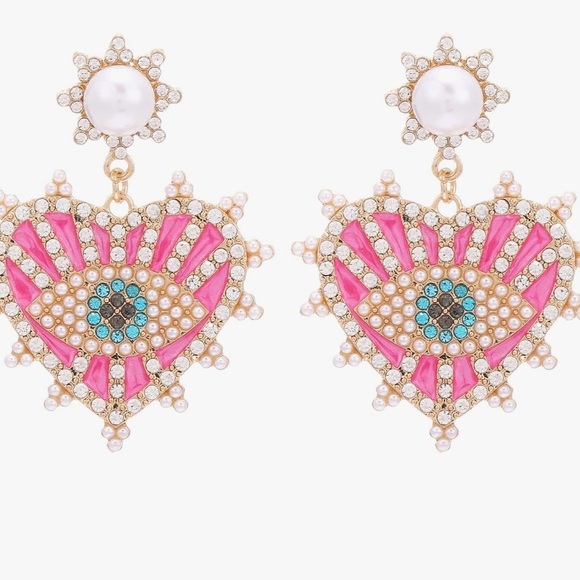 Evil Eye Heart Earrings with pearls and rhinestones pink gold … - Picture 1 of 4